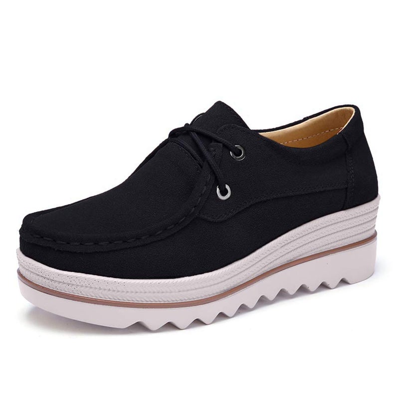 Ruiatoo Women Platform Lace Up Loafers Comfort Genuine Suede Wedge Shoes Low Top Moccasins (3089,Black 35) - Image 1